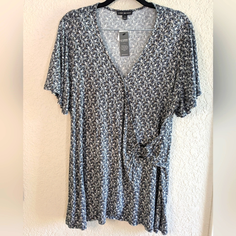 NWT Lane Bryant Stretch Knit Top Short Sleeves Ring Illusion Wrap Black White